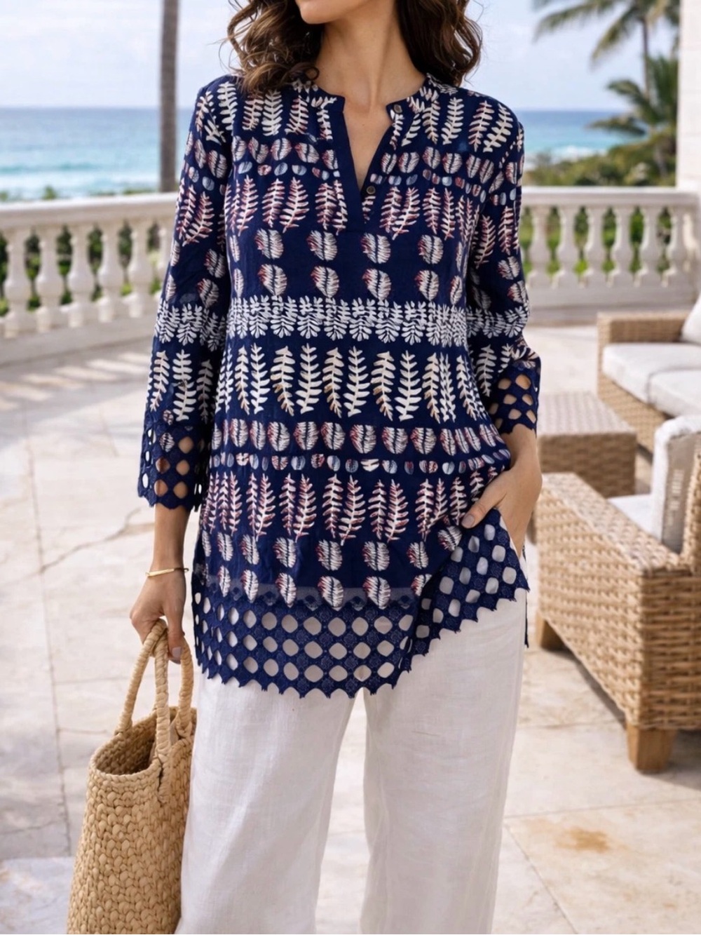 Tory Burch Navy Printed Crochet-Hem Tunic Seen on Bones TV Dr Brennan